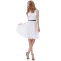 Grace Karin Mulheres mangas de gola pescoço floral com flared A-Line vestido branco com cinto preto CL010422-2